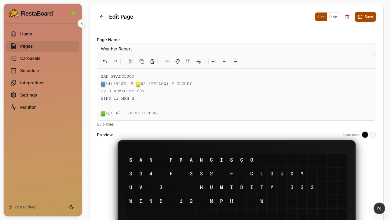FiestaBoard WYSIWYG page editor with visual board preview