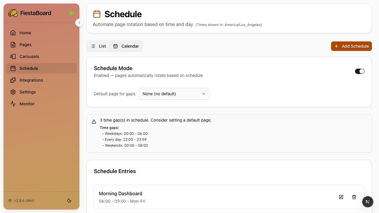 FiestaBoard schedule calendar view with time-based page scheduling