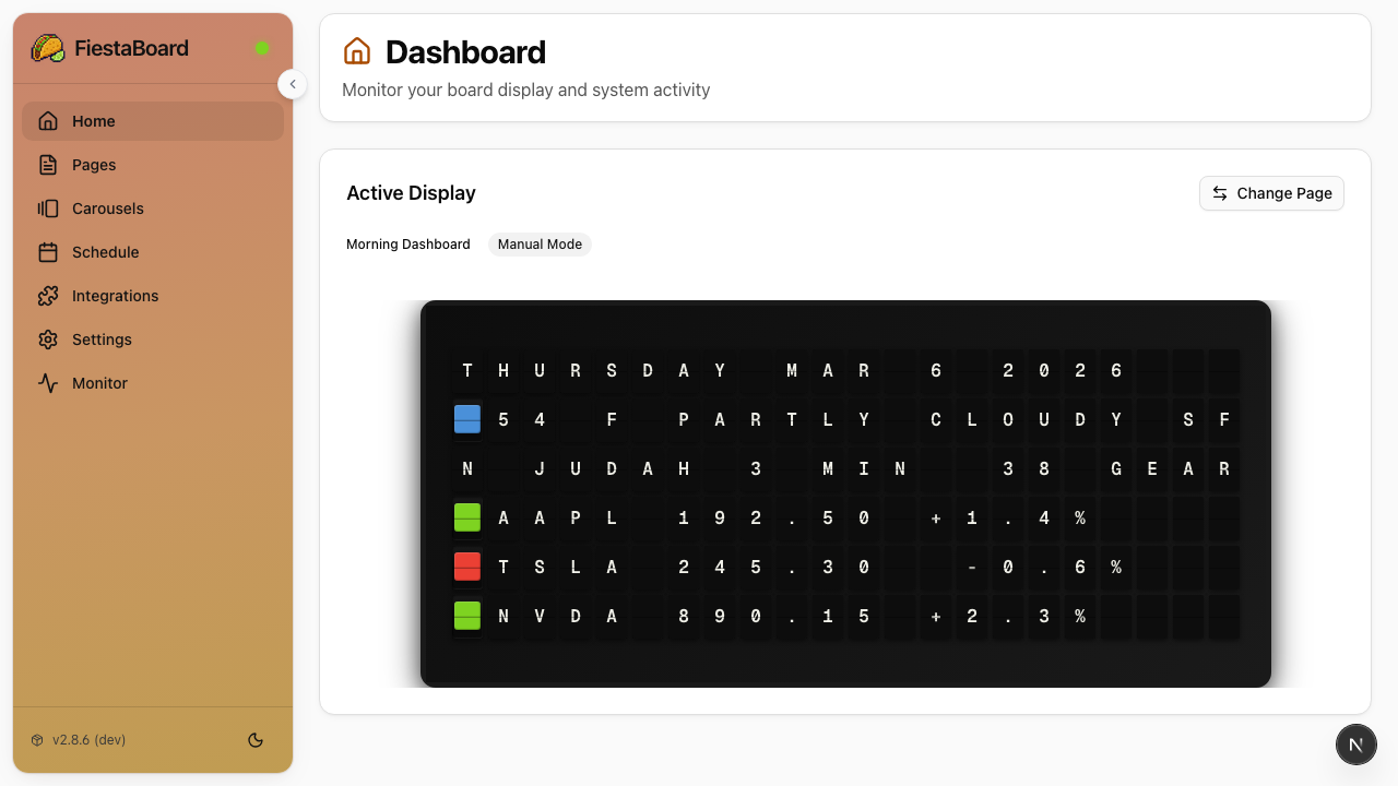 FiestaBoard web dashboard showing active display with stock ticker data