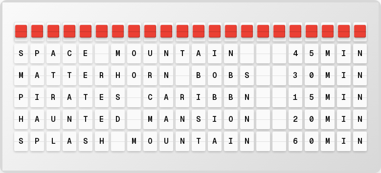 Disney park wait times on split-flap board